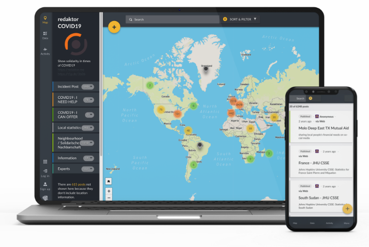 Laptop and phone displaying the Ushahidi deplayment application